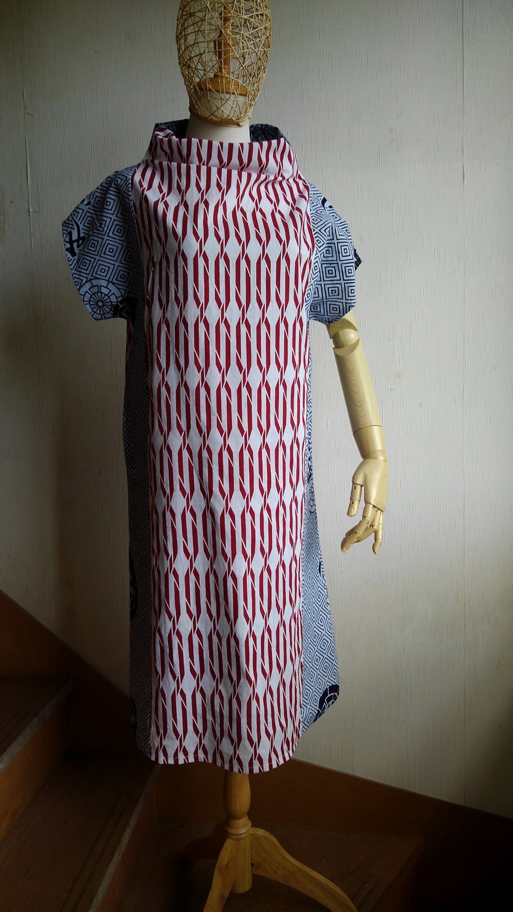 夏物先行セール★ボトルネックワンピース★赤・チェック★浴衣リメイク★フリーサイズ