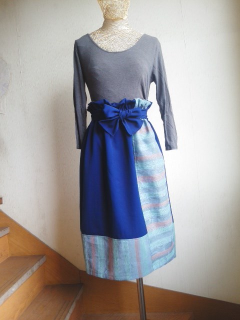 ホソ見えシリーズ★パッチワークのハイウエストスカート③★着物リメイク★膝下丈