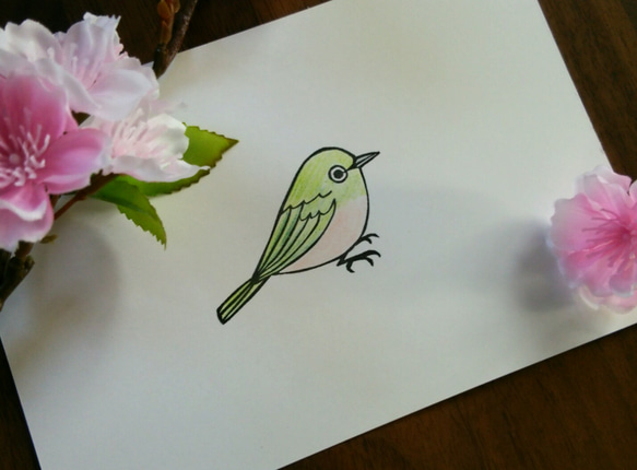 メジロ☆梅の花/会えるとうれしい野鳥☆消しゴムはんこ 1枚目の画像