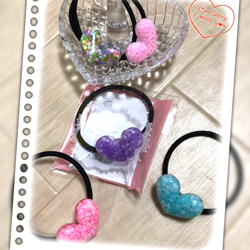 【ヘアゴム】レジン　ハート お名前入り】【イニシャル入り】うる艶ハートのレジンヘアゴム