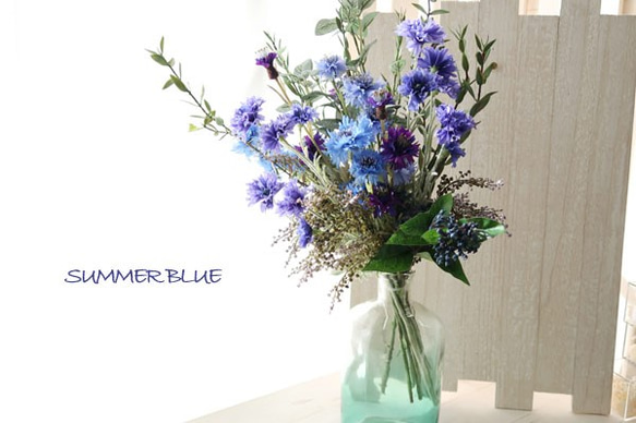 creema限定*【受注制作】 SUMMER BLUE　矢車草の花束（花器付） 1枚目の画像