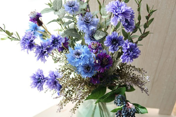 creema限定*【受注制作】 SUMMER BLUE　矢車草の花束（花器付） 2枚目の画像