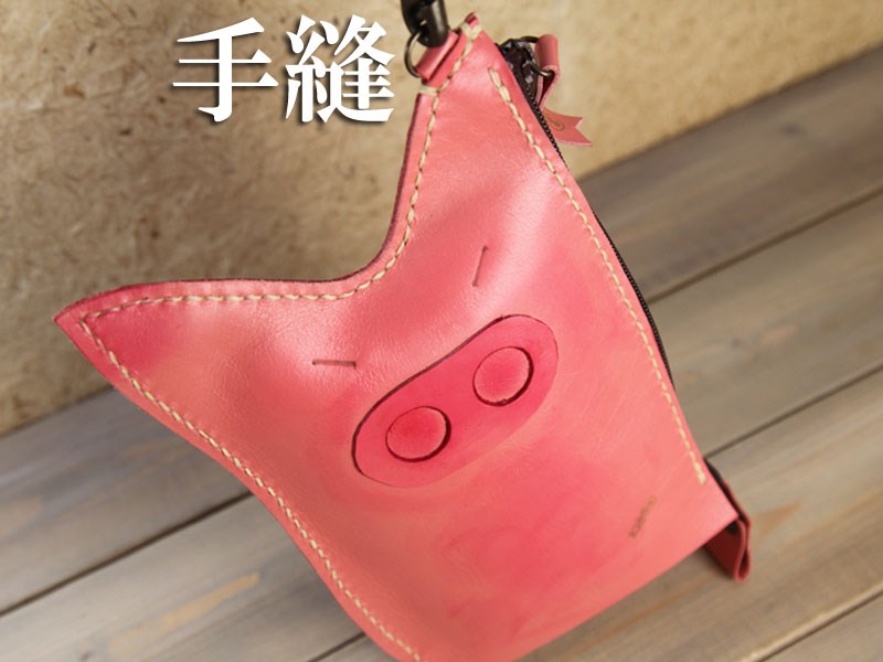 ★オコBOO★ツンギレ豚 ぶた ブタ ポーチ 財布 バッグ スマホケース 本革レザー総手縫　ピンクL