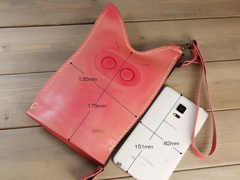 ★オコBOO★ツンギレ豚 ぶた ブタ ポーチ 財布 バッグ スマホケース 本革レザー総手縫　ピンクL