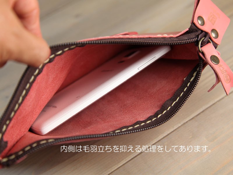 ★オコBOO★ツンギレ豚 ぶた ブタ ポーチ 財布 バッグ スマホケース 本革レザー総手縫　ピンクL