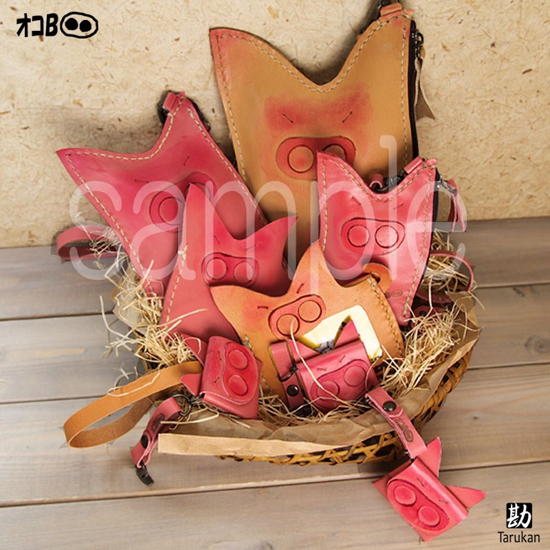 ★オコBOO★ツンギレ豚 ぶた ブタ ポーチ 財布 バッグ スマホケース 本革レザー総手縫　ピンクL