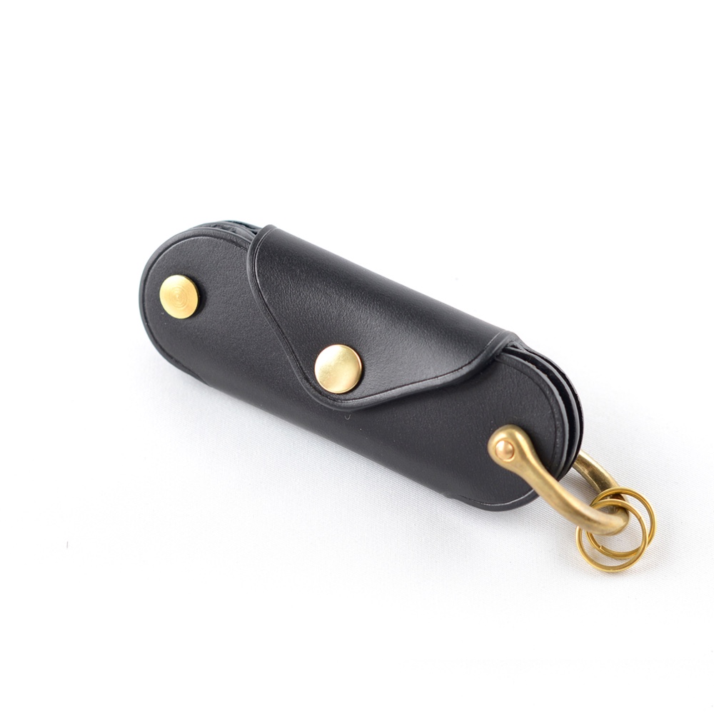 コイン5枚収納キーケース キーホルダー イタリア製本革 真鍮金具 ブラック お出かけ お散歩 プレゼントに