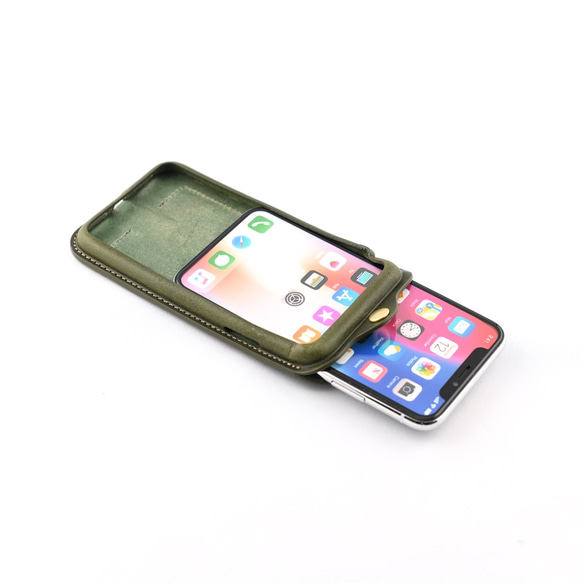 イタリア製総革 iPhoneX,XS用カバー カードケース付き/クラシックグリーン iP-X 6枚目の画像