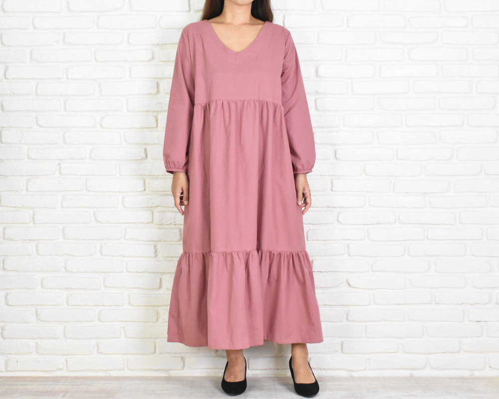 ふんわりVネックティアード長袖ワンピース　大人かわいいダスティローズピンク