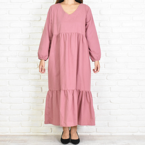 タグ付き！ MARS マーズ ツイードワンピース ブラックピンク ティアード ふんわりVネックティアード長袖ワンピース 大人かわいいダスティローズ