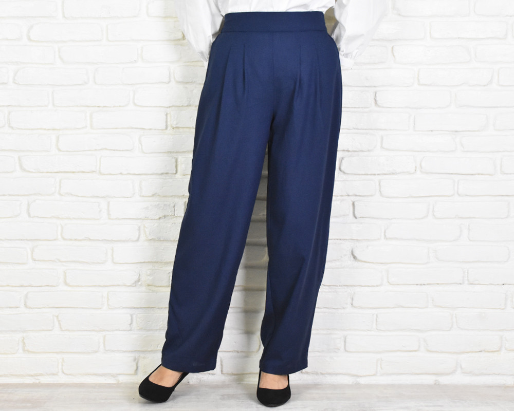 リネンのバギーパンツ　リネン素材のイージーパンツ　セミワイドパンツ　ネイビー