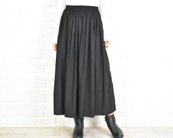 再販　大人のふんわりギャザーロングスカート　ブラック　フレアスカート 2枚目の画像