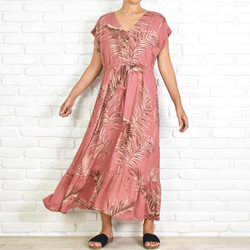棕櫚葉圖案褶邊連衣裙成人暗粉色 第6張的照片