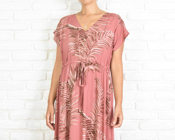 再次上架【大碼】棕櫚葉花紋褶邊連衣裙大人暗粉色 第8張的照片