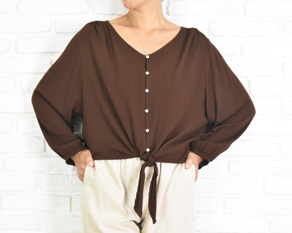 【再販】大人のゆるカワな前結びトップス　ブラウン