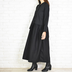 棉質立領縮褶長袖連衣裙 &lt;黑色&gt; 第6張的照片