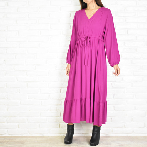 関税送料込【MAC DUGGAL】ロングワンピース Vネック 長袖 ピンク 再販】Vネック長袖ワンピース ＜マゼンタ＞ ワンピース