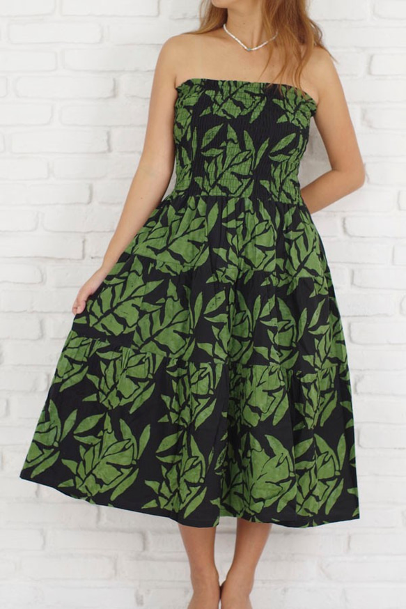蠟染葉紋層疊連衣裙&lt;綠色&gt; 第3張的照片