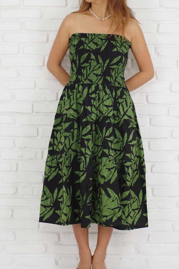 蠟染葉紋層疊連衣裙&lt;綠色&gt; 第4張的照片