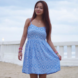 2017年夏季新款！紮染印花連衣裙&lt;淺藍&gt; 第6張的照片