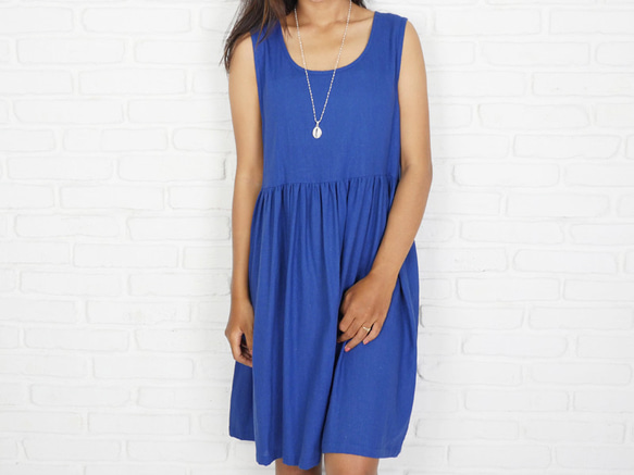 酷無袖亞麻連衣裙&lt;藍色&gt; 第1張的照片