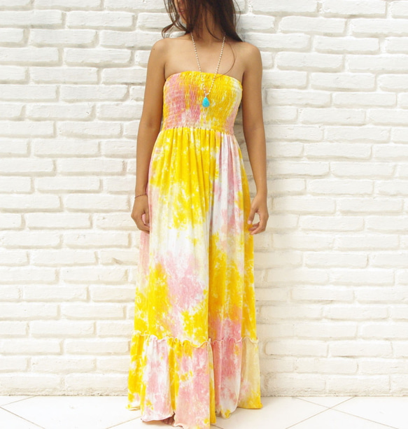 ムラ染めベアトップワンピース ストロベリーオレンジ ワンピース