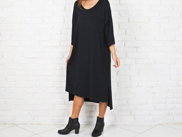 [Creema 特色產品] 厚料蝙蝠袖連衣裙&lt;黑色&gt; 第5張的照片