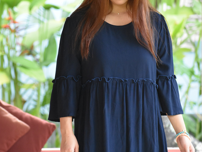再販！フリルスリーブチュニック　＜ネイビー＞ 大きいサイズもあります