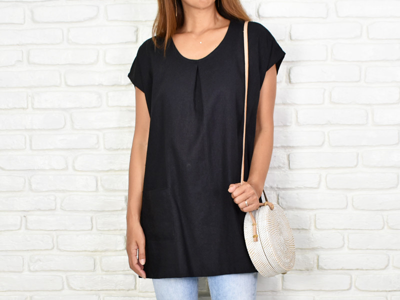 再販　リネン素材のシンプルチュニック　＜ブラック＞