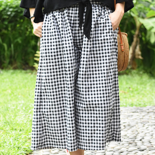 再販】大人のチェック柄ワイドパンツ ＜ブラック＞ キュロット・ワイド