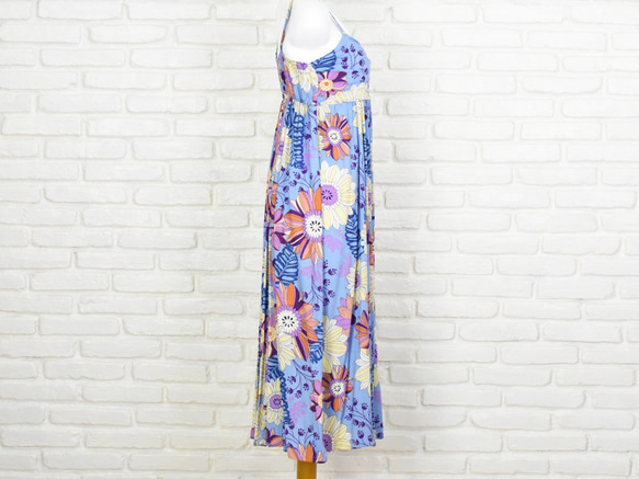 復古花卉圖案緞帶連衣裙&lt;藍色&gt; 第8張的照片
