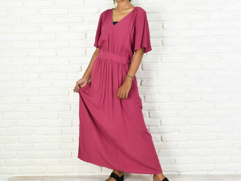 大人のフレアスリーブロングドレス　＜プラム＞