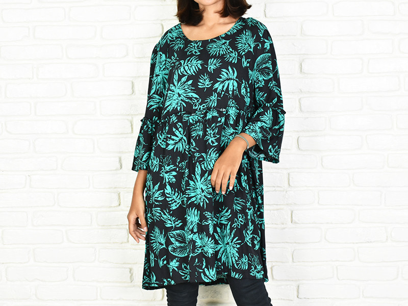 トロピカルリーフ柄フリルスリーブチュニック　＜グリーン＞