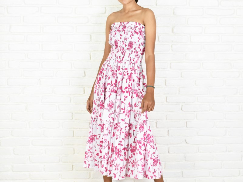 再販　ハイビスカス柄ティアードワンピース　＜ピンク＞