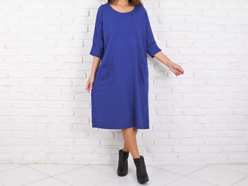 秋の新作！リネン素材のドルマン袖ワンピース　＜ブルー＞