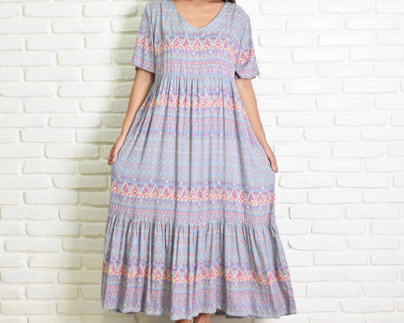 &lt;&lt;限量版&gt;&gt; Vintage Pattern V領分層連衣裙 第2張的照片