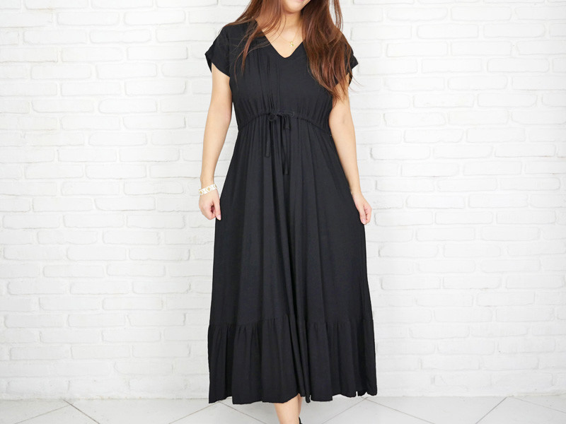 再販【大きいサイズ】フレンチスリーブフリルワンピース　＜ブラック＞