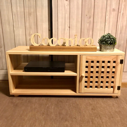 無垢材テレビボード W150 チェッカーガラス扉 ハンドメイド オーダー可