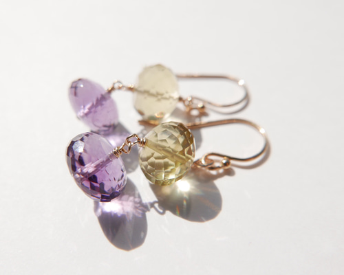 14kgf レモンクォーツとアメジストのピアス ピアス（フック・チェーン