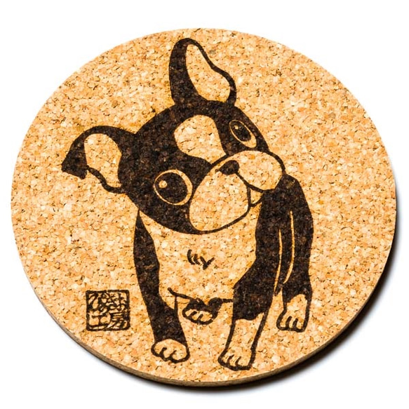 ボストンテリア（おでこ広め） 犬 グッズ コースター 雑貨 プレゼント かわいい カワイイ おしゃれ イラスト 1枚目の画像