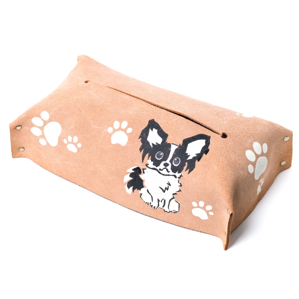 パピヨンのボックスティッシュケース ティッシュカバー 5.5cm 犬  プレゼント ギフト 革 雑貨 車