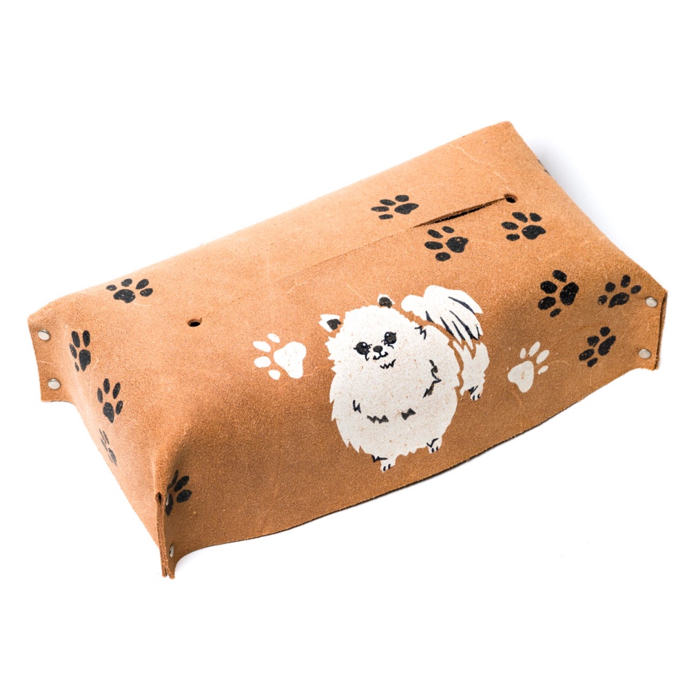 ポメラニアン（白）のボックスティッシュケース ティッシュカバー 5.5cm 犬  プレゼント ギフト 革 雑貨 車