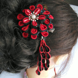 生絹赤と黒の2wayクリップ髪飾り 4枚目の画像