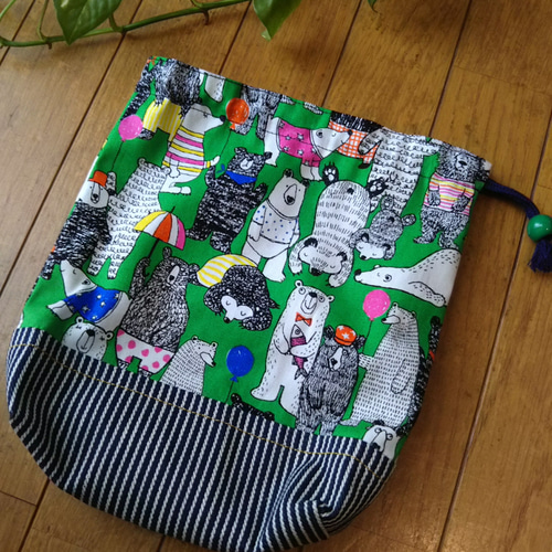入学入園グッズ　コップ袋　くまさん 巾着袋(S)くまさん 緑 ヒッコリー 入学☆入園 コップ袋 その他入園