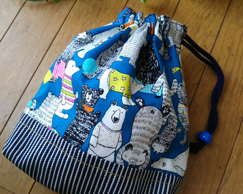 入学入園グッズ　コップ袋　くまさん 巾着袋(S)くまさん 青 ヒッコリー 入学☆入園 コップ袋 その他