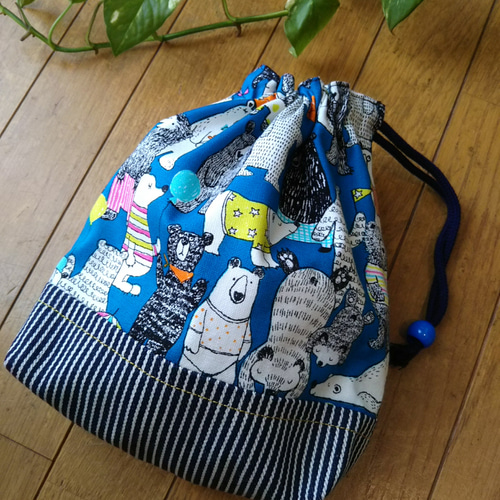 巾着袋(S)くまさん 青 ヒッコリー 入学☆入園 コップ袋 その他