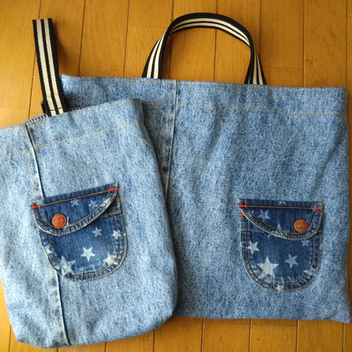 デニム☆リメイク☆レッスンバッグ＆シューズケース☆2点セット☆ 入学 