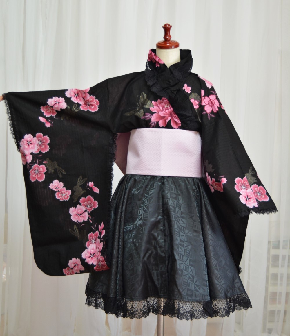 送料込】浴衣ドレス＊個性的なミニ丈＊Mサイズ＊バッグ、ヘッド