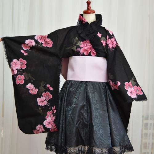 送料込】浴衣ドレス＊個性的なミニ丈＊Mサイズ＊バッグ、ヘッド