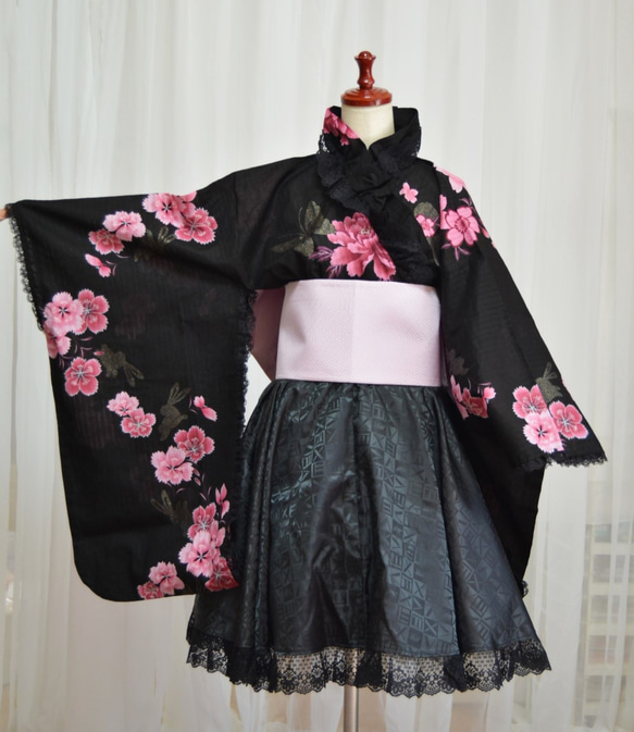 送料込】浴衣ドレス＊個性的なミニ丈＊Mサイズ＊バッグ、ヘッド
